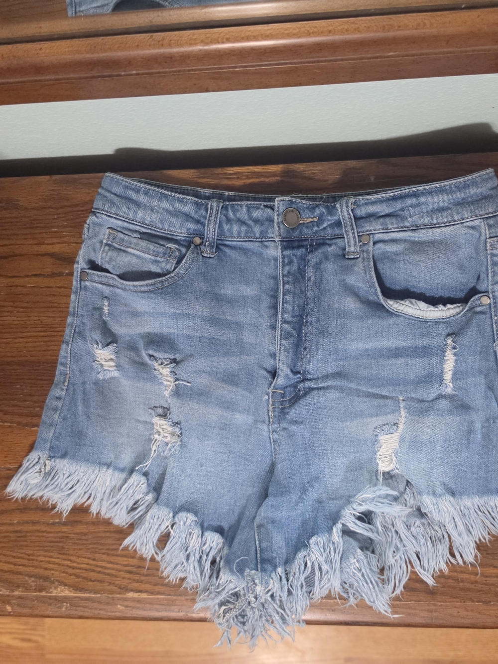 Black Label Light Blue Distressed Denim Fringe Hem Shorts